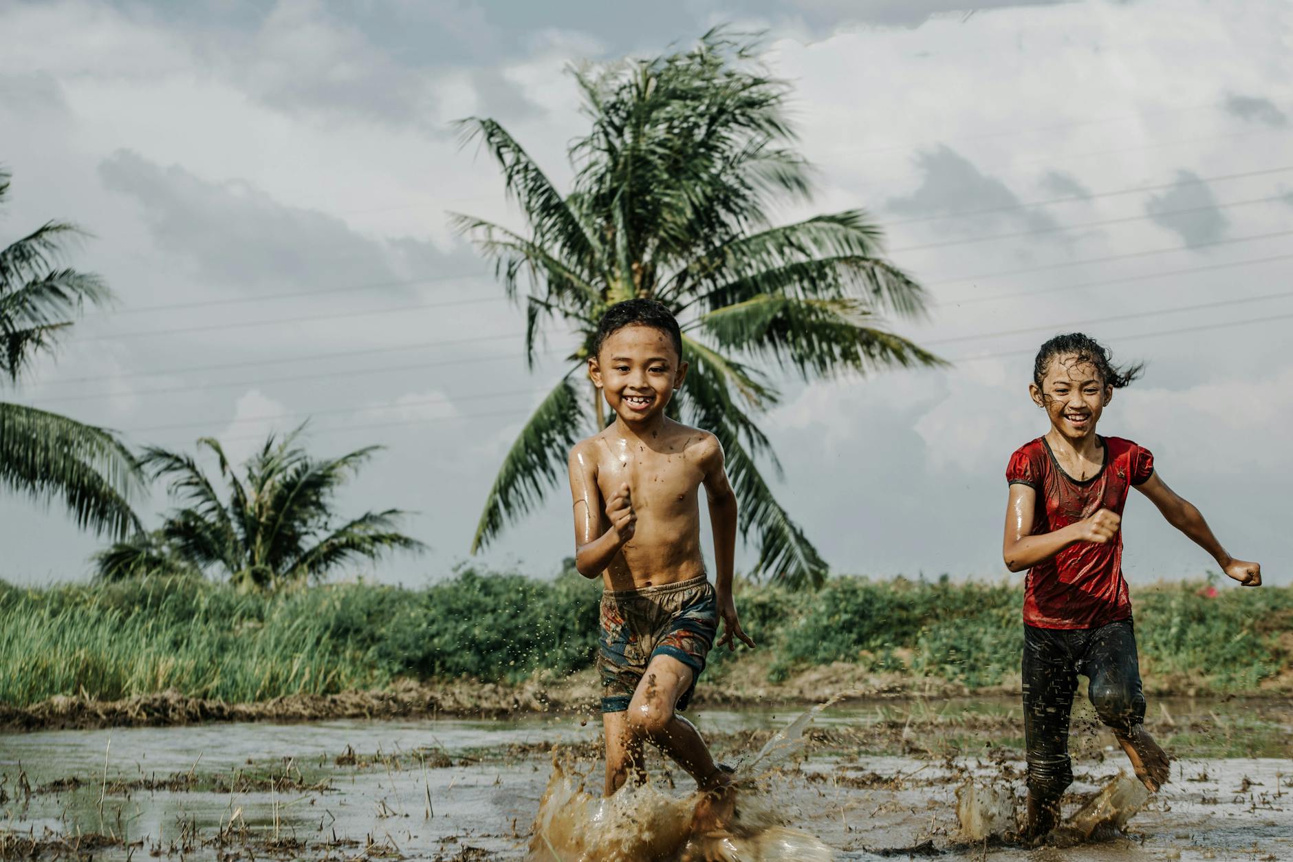children playing on shallow waters in a crop field