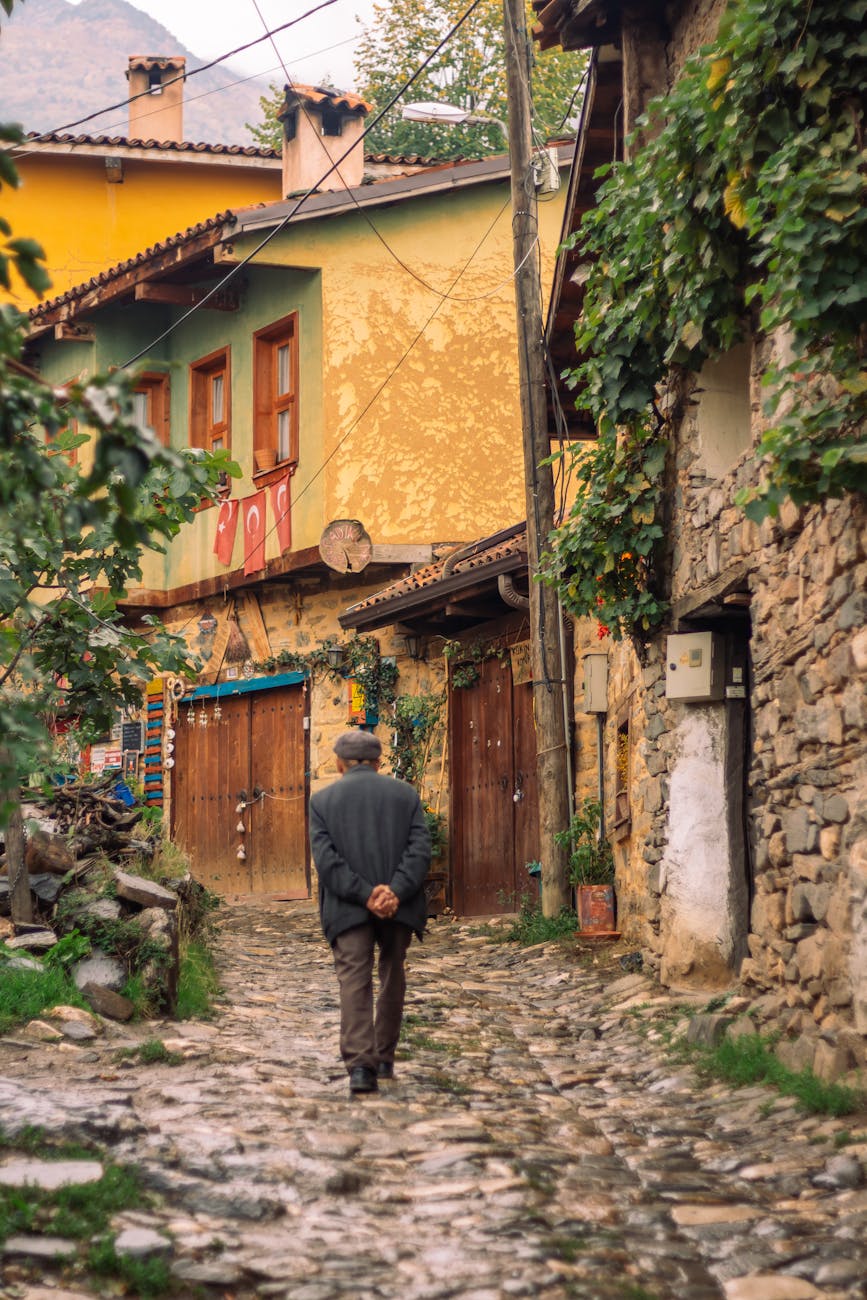 charming old village street with cobblestones